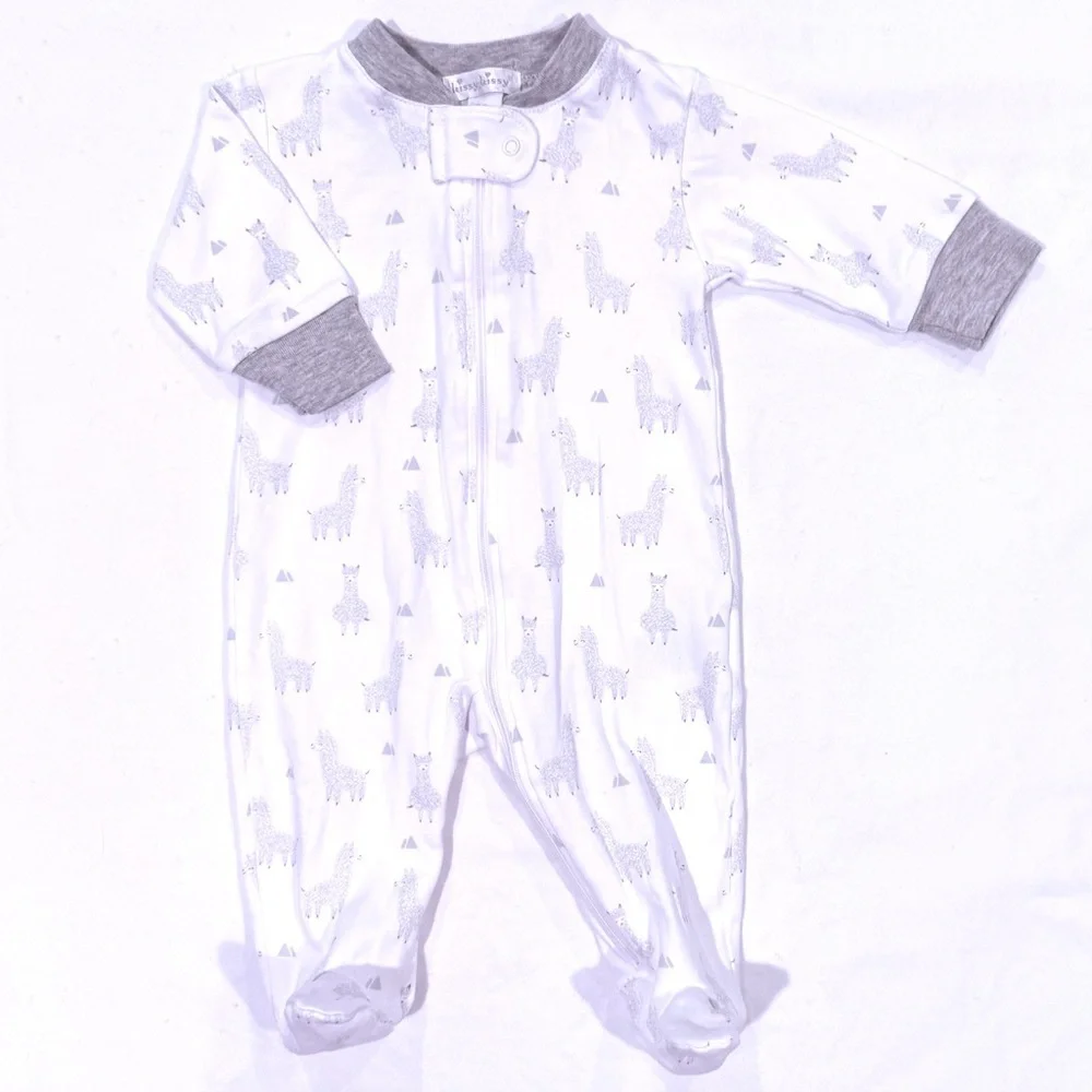 Kissy Kissy Llama Love Zip Footie Boys 0-3M Girls Pima Cotton Sleeper White Grey